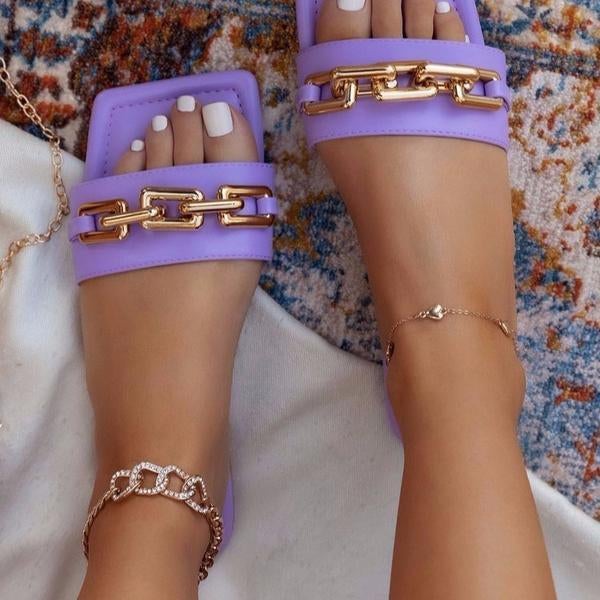 flowersverse Summer Fashion Women Flat Casual Slippers Square Toe Chain Sandals