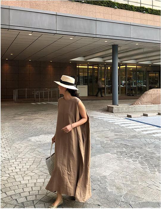 flowersverse Loose Cotton Vest Dress New Round Neck Sleeveless Long Dress Linen