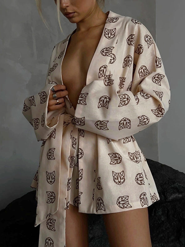 flowersverse Loose Printed Long Sleeves Tied Waist Robes + High-Waisted Short Bottom Robes Pajama Sets