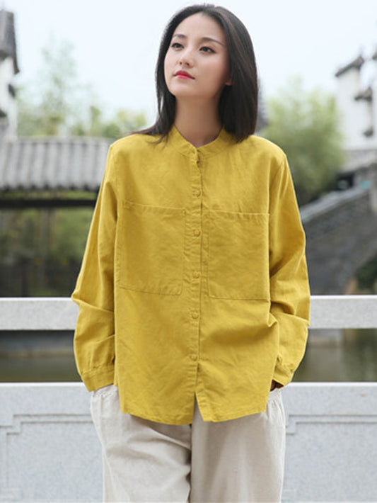 flowersverse Vintage Ramie Cotton Solid Color Long Sleeve Blouse