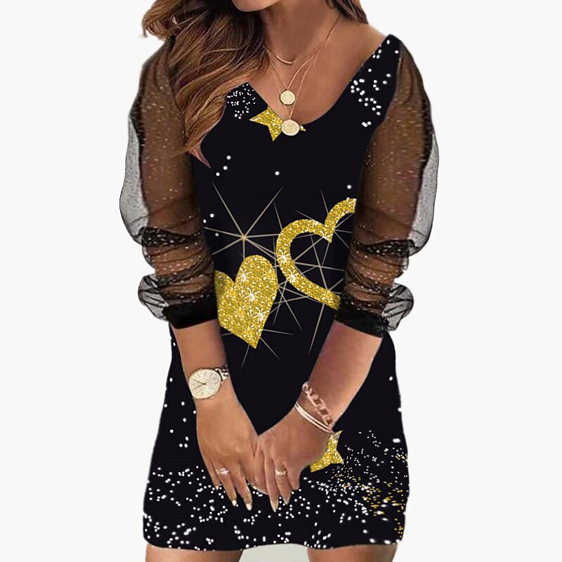 flowersverse Women's Plus Size Holiday Dress Floral V Neck Mesh Long Sleeve Fall Spring Casual Mini Dress Causal Daily Dress / Sheath Dress / Black Dress / Print