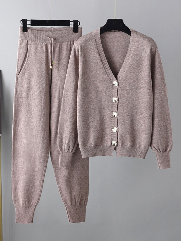 flowersverse Casual Loose Solid Color V-Neck Cardigan Tops & Harem Pants Two Pieces Set