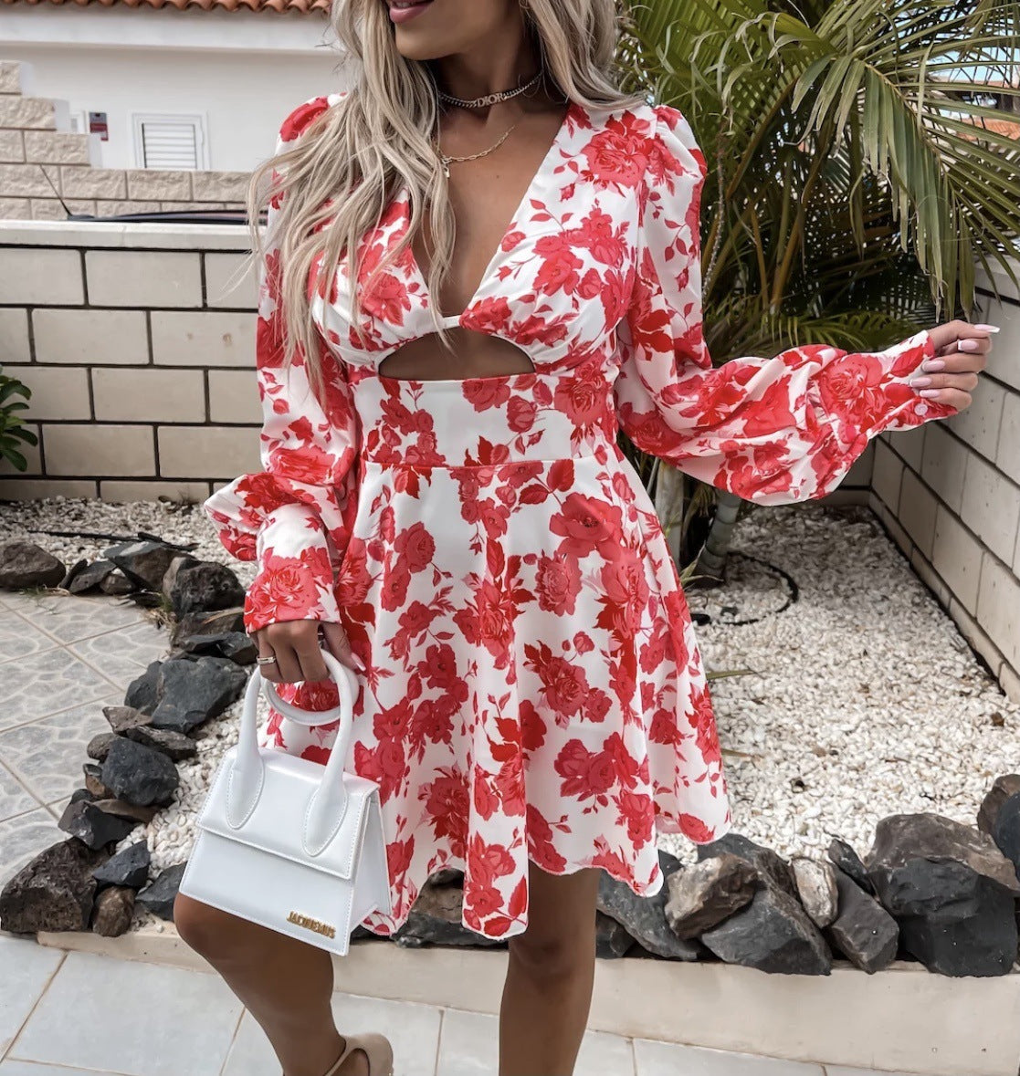 flowersverse Women's Floral Print High Waist Deep V Long Sleeve Dress