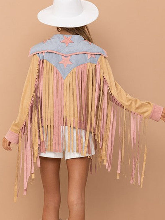 flowersverse Buttoned Contrast Color Tasseled Long Sleeves Loose Peter Pan Collar Outerwear Jackets