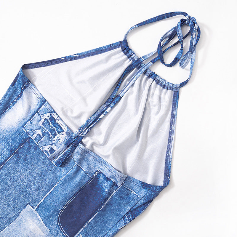 flowersverse Women Summer Casual Sleeveless Halter Neck Lace-Up Denim Print Backless Dress