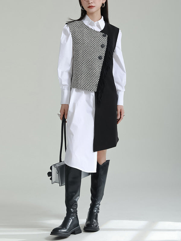 flowersverse Asymmetric Buttoned Houndstooth Sleeveless Vest Outerwear