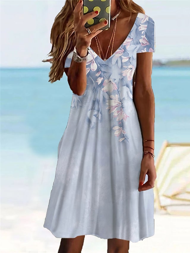 flowersverse Women's Casual Dress Summer Dress Print Dress Floral Geometric Print V Neck Mini Dress Fashion Ethnic Outdoor Daily Short Sleeve Regular Fit Yellow Blue Spring Summer S M L XL XXL