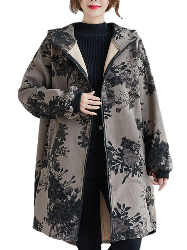 flowersverse Artistic Retro Loose Floral Printed Hooded Long Sleeves Outwear