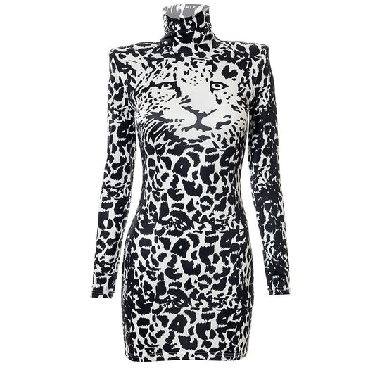 flowersverse Fashionkova Women Sexy Tight Dress Long Sleeve High Neck Tiger Skin Wrapped Fall Spring Tight Mini Dress Ladies Party Club Dress
