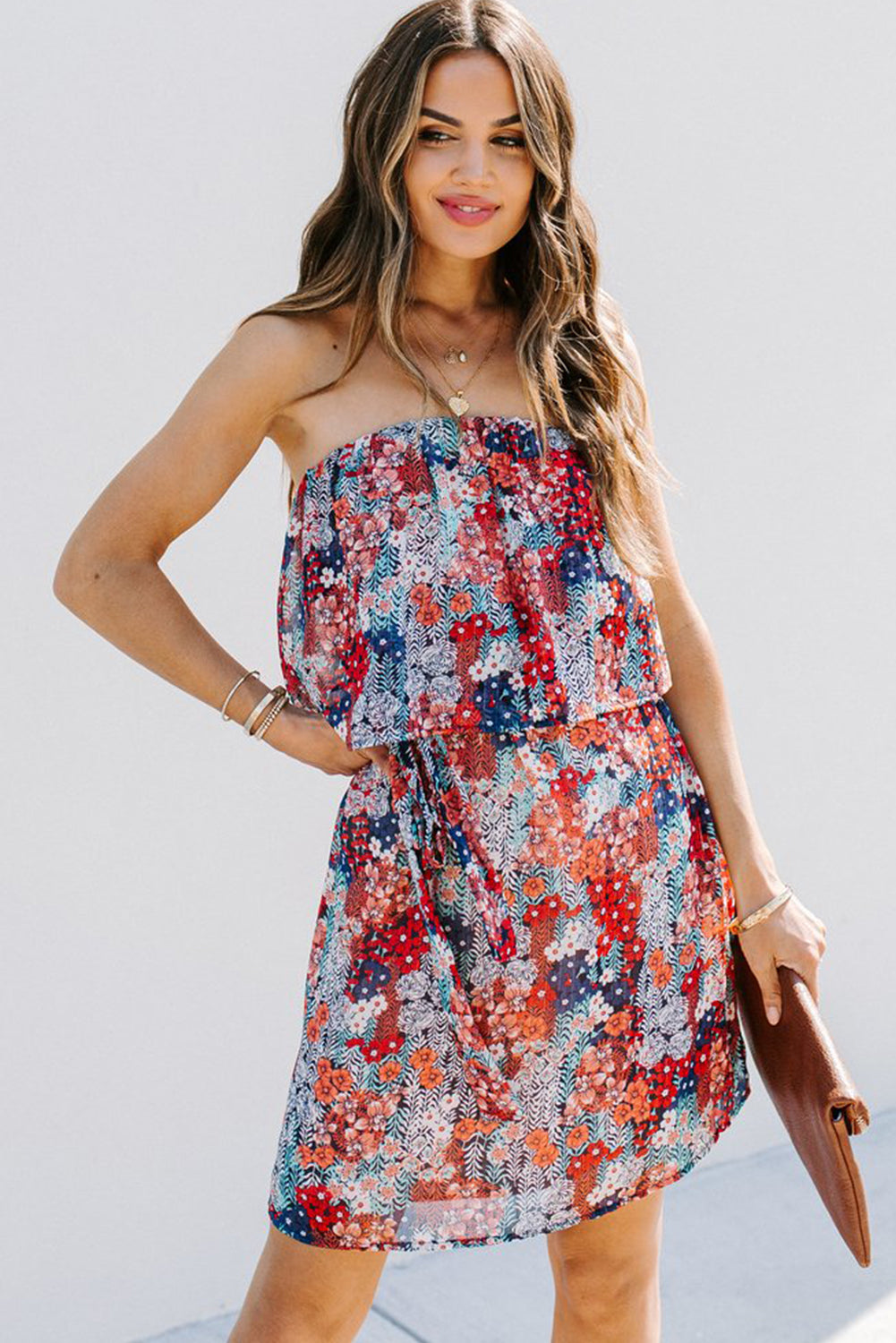flowersverse Red Floral Print Tiered Ruffled Bandeau Mini Dress