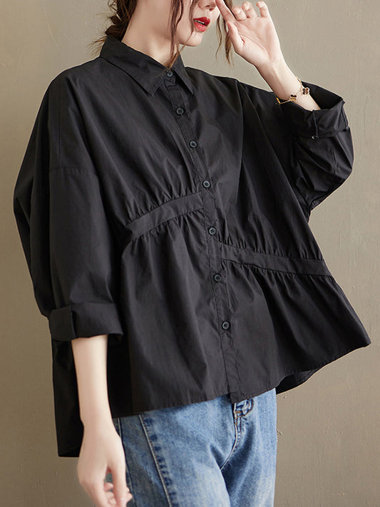 flowersverse Casual Loose 3 Colors Buttoned Lapel Collar Long Sleeves Blouse