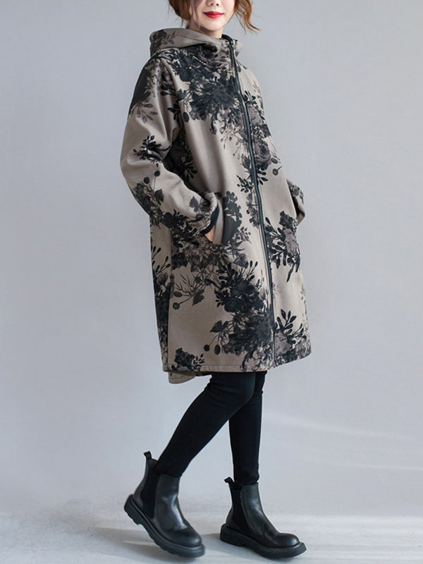 flowersverse Artistic Retro Loose Floral Printed Hooded Long Sleeves Outwear