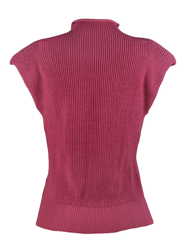 flowersverse Casual Cap Sleeve Solid Color High-Neck Sweater Tops Pullovers