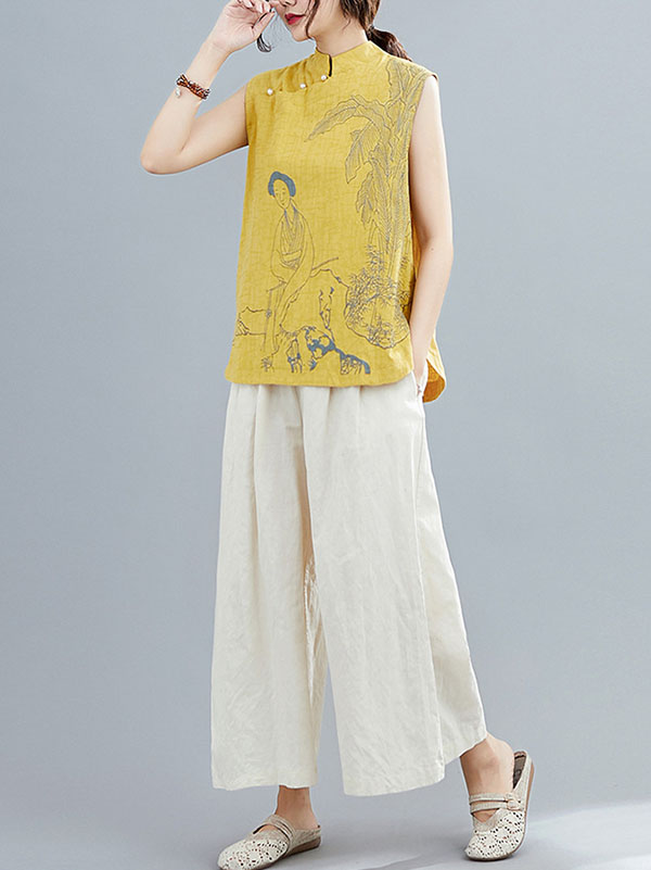 flowersverse Artistic Retro Chinese-Style Printed Buttoned Stand Collar Sleeveless Vest