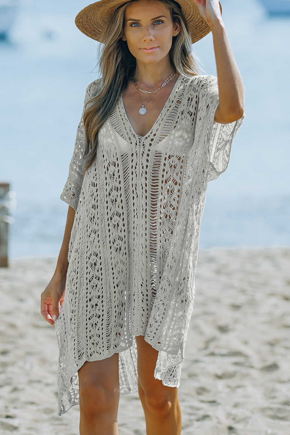 flowersverse Openwork V-Neck Slit Cover Up