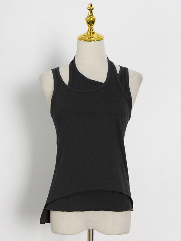 flowersverse False Two Solid Color Sleeveless Vest Tops