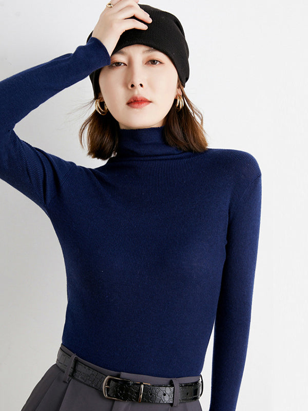 flowersverse Simple Skinny Long Sleeves Solid Color High-Neck Sweater Tops Pullovers