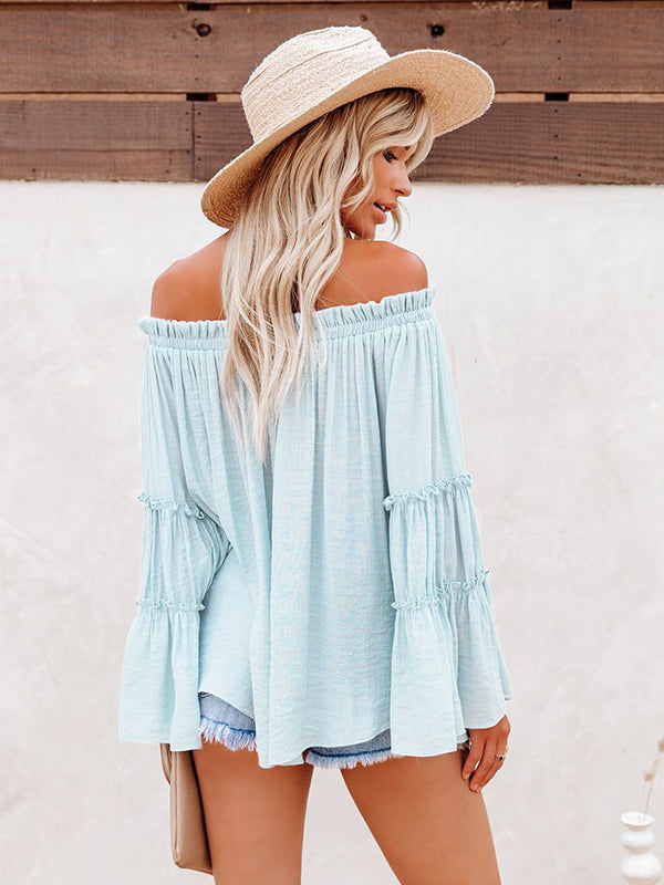 flowersverse Urban Solid Color Pleated Puff Sleeves Off-The-Shoulder Blouse