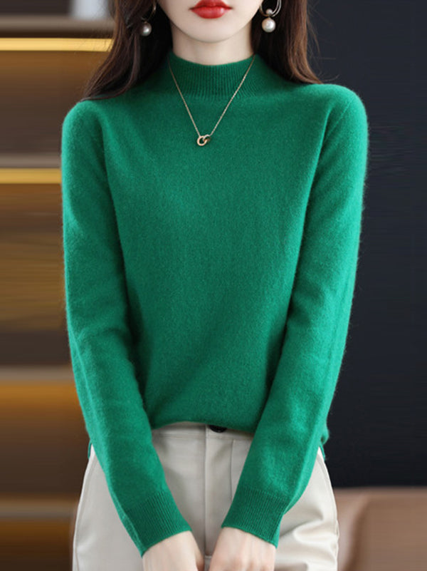 flowersverse Office Long Sleeves Solid Color High-Neck Sweater Tops Pullovers