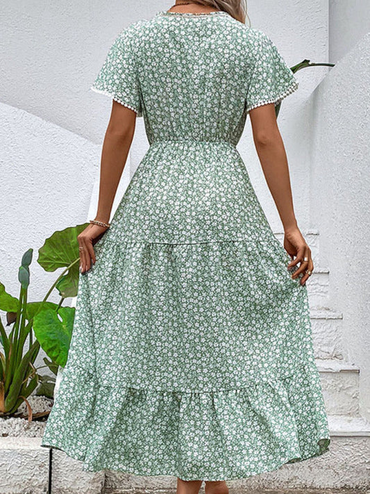 flowersverse New fashion women's casual V-neck waist print dress