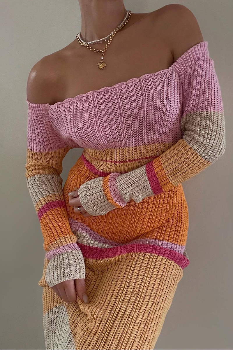 flowersverse Casual Striped Patchwork Off the Shoulder Straight Dresses(5 Colors)