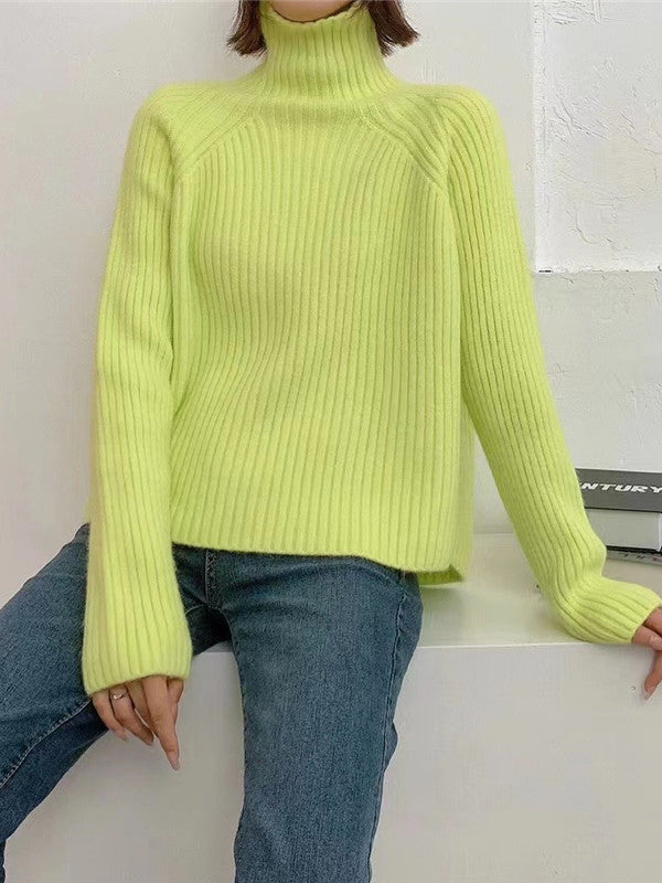 flowersverse Casual Long Sleeves Loose Solid Color High-Neck Sweater Tops