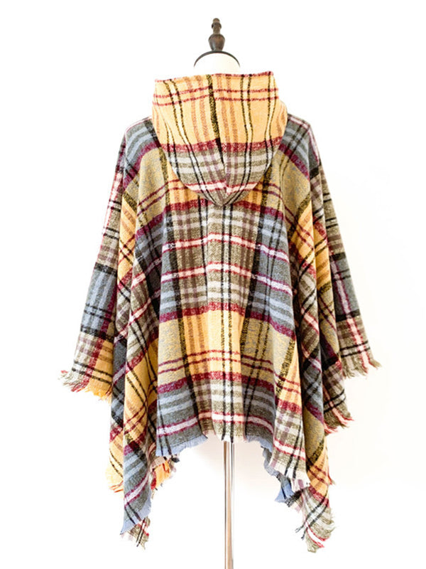 flowersverse Fringed Hooded Keep Warm Plaid Shawl&Cloak Cape