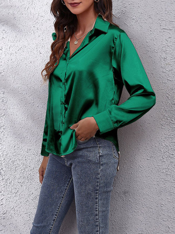 flowersverse Solid Color Long Sleeves Loose Lapel Blouses&Shirts Tops