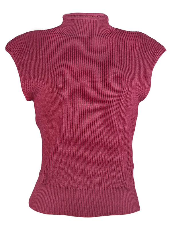 flowersverse Casual Cap Sleeve Solid Color High-Neck Sweater Tops Pullovers