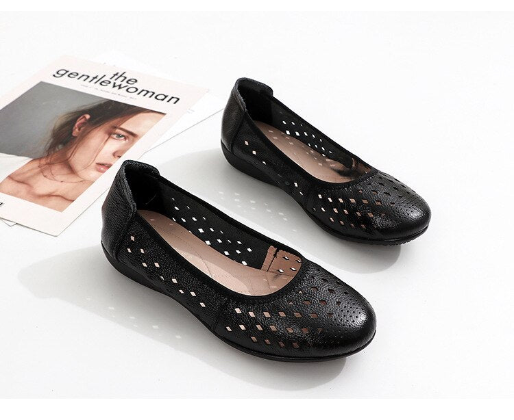 flowersverse Spring Genuine Leather Flat Summer Shoes Women Casual Hollow Breathable Soft Bottom Ladies Flats Plus Size 35-43