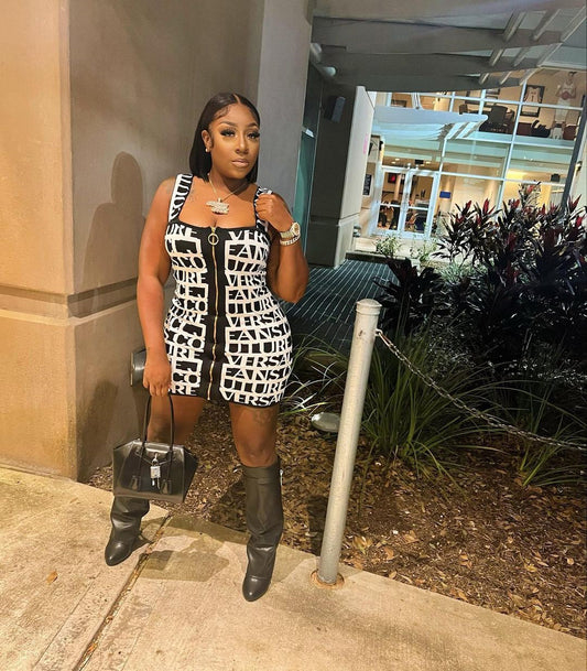 flowersverse Women Summer Letter Print Zipper Casual Dress