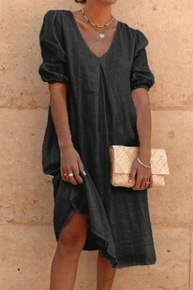flowersverse Casual Solid Split Joint Fold V Neck A Line Dresses