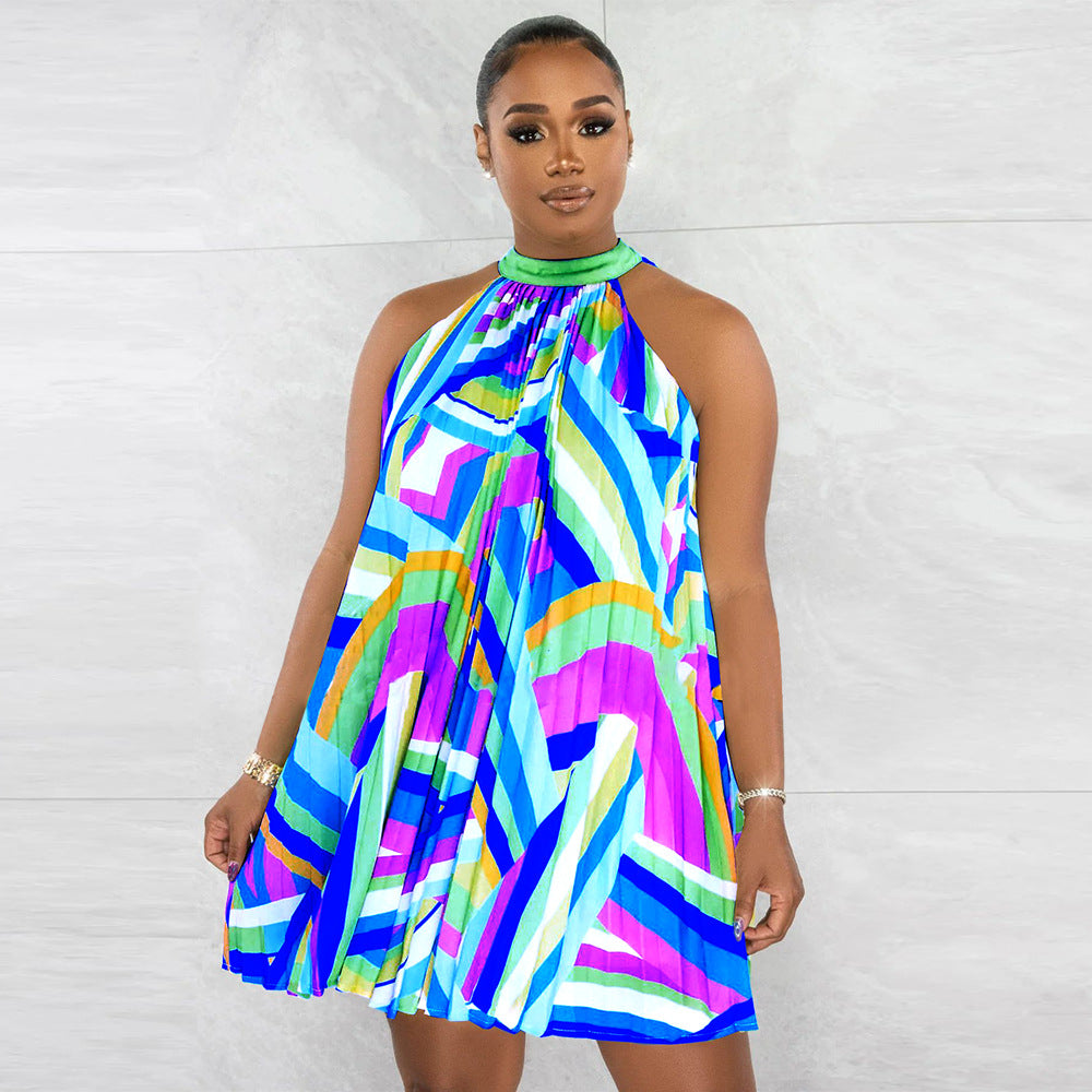 flowersverse Women's Beach Dress Off Shoulder Sleeveless Printed Pleated Dress