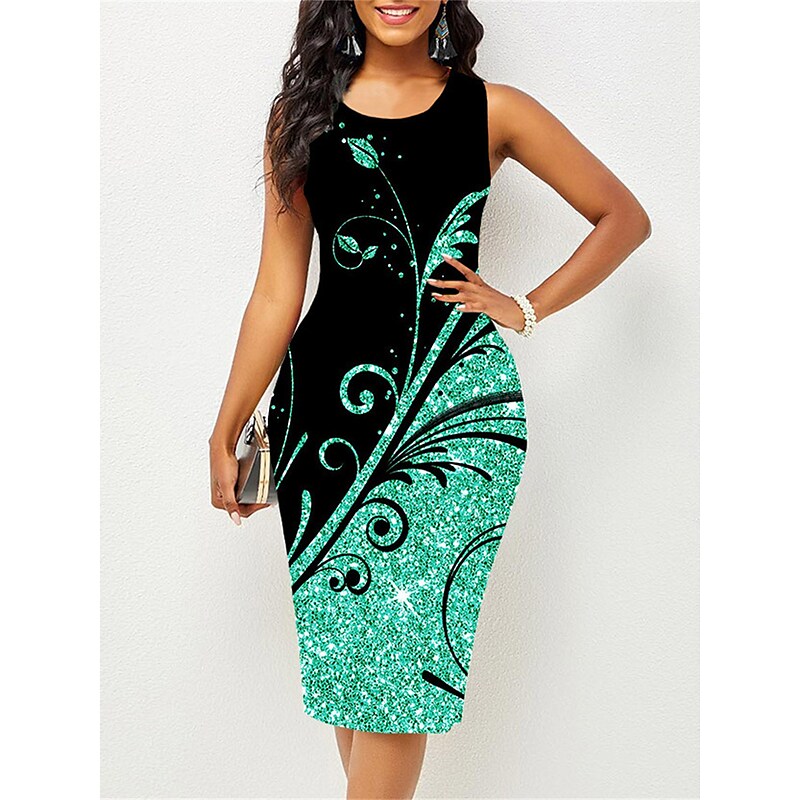 flowersverse Women's Work Dress Sheath Dress Semi Formal Dress Fashion Midi Dress Print Crew Neck Sleeveless Floral Slim Red Blue Sky Blue Spring Summer S M L XL XXL