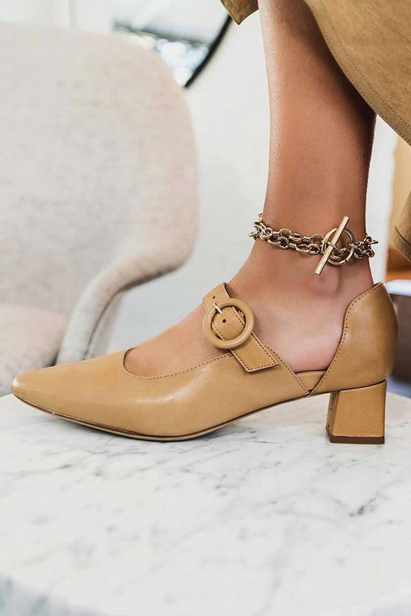 flowersverse Pointed Toe Buckled Chunky Heels