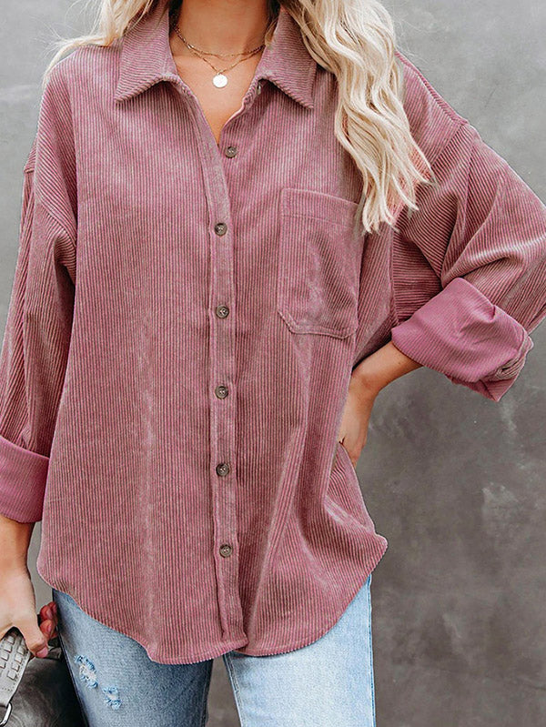 flowersverse Casual Corduroy Loose Solid Color Polo Shirt Top