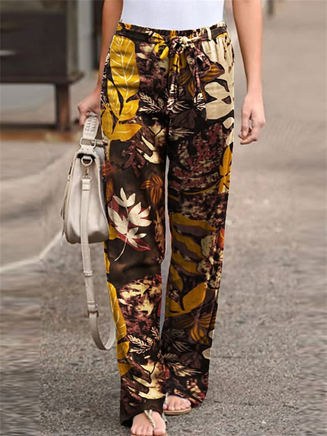 flowersverse Women's Plus Size Loungewear Pants Flower Leaves Basic Casual Comfort Home Daily Vacation Cotton Breathable Pant Spring Summer Black Yellow