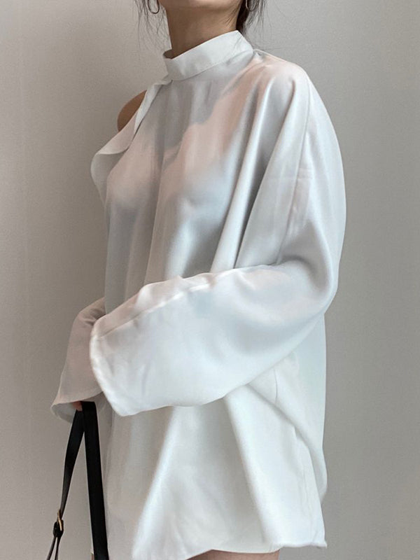 flowersverse Asymmetric Hollow Ruffled Solid Color Tied Waist Long Sleeves Loose Mock Neck Blouses&Shirts Tops