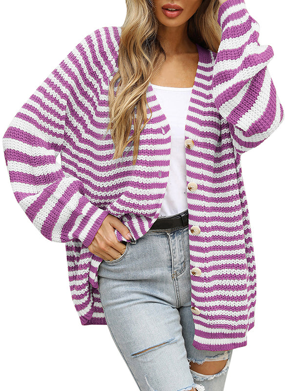 flowersverse Casual Loose Long Sleeves Striped V-Neck Cardigan Tops