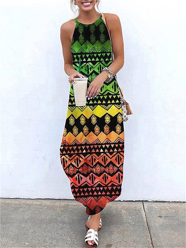 flowersverse Women's Long Dress Maxi Dress Casual Dress Shift Dress Summer Dress Floral Geometric Heart Casual Classic Outdoor Daily Holiday Backless Print Sleeveless Crew Neck Dress Loose Fit White Pink Blue