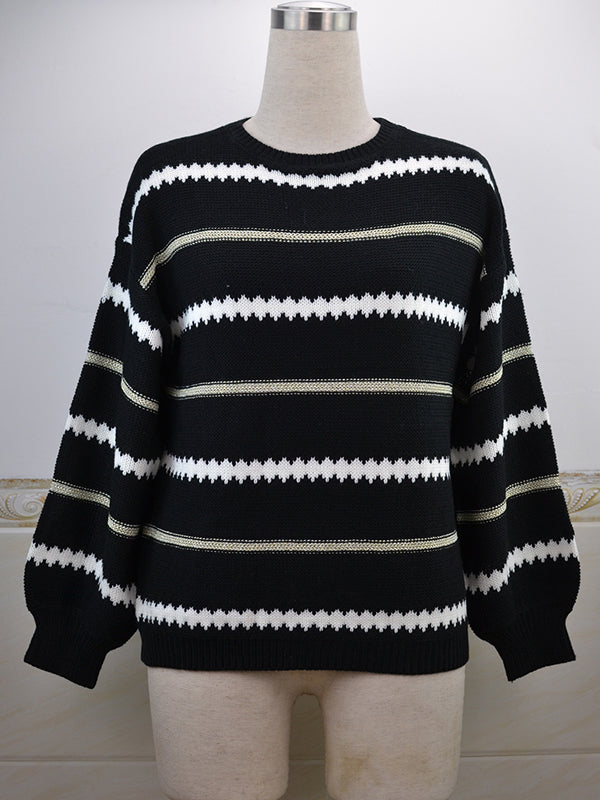 flowersverse Striped Long Sleeves Loose Round-Neck Sweater Tops Pullovers Knitwear
