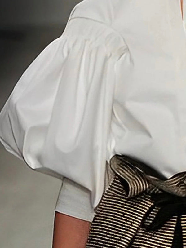 flowersverse Puff Sleeves Buttoned Solid Color Blouses&Shirts Tops