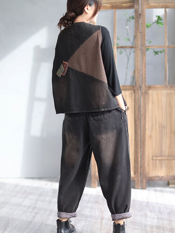 flowersverse Loose Split-Joint V-Neck Vest Top + Jean Harem Pants Bottoms Two Pieces Set