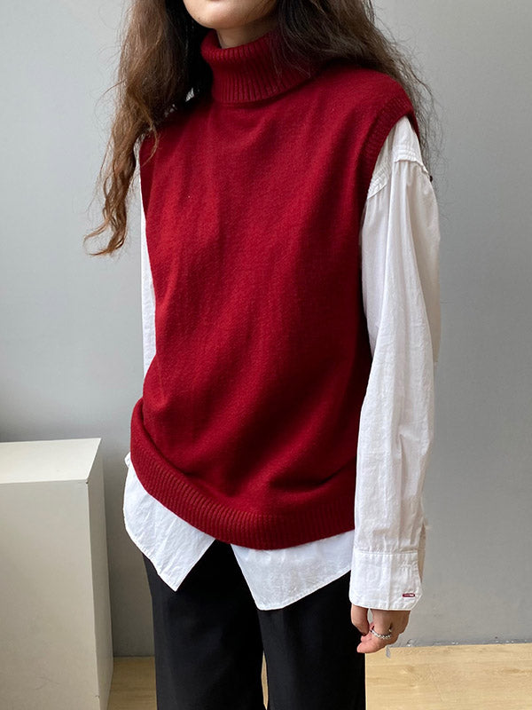 flowersverse Simple Loose Solid Color High-Neck Knitting Vest Top