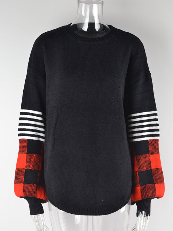 flowersverse Casual Long Sleeves Loose Checkered Round-Neck Sweater Tops