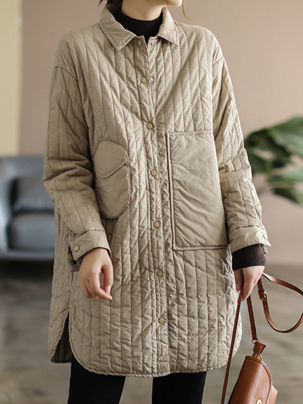 flowersverse Asymmetric Buttoned Pockets Quilted Solid Color Split-side Long Sleeves Loose Lapel Padded Coat