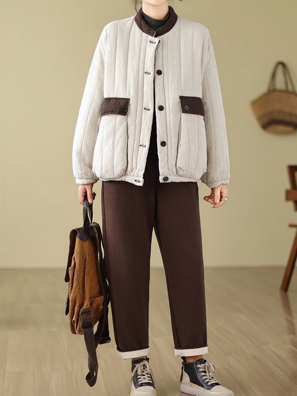 flowersverse Buttoned Pockets Quilted Split-Joint Long Sleeves Loose Round-neck Padded Coat