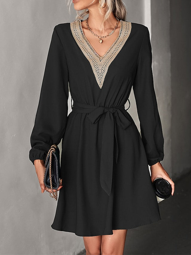 flowersverse Women's Work Dress Black Dress Semi Formal Dress Fashion Mini Dress Lace V Neck Long Sleeve Color Block Loose Fit Black Dark Green Fall Spring S M L XL