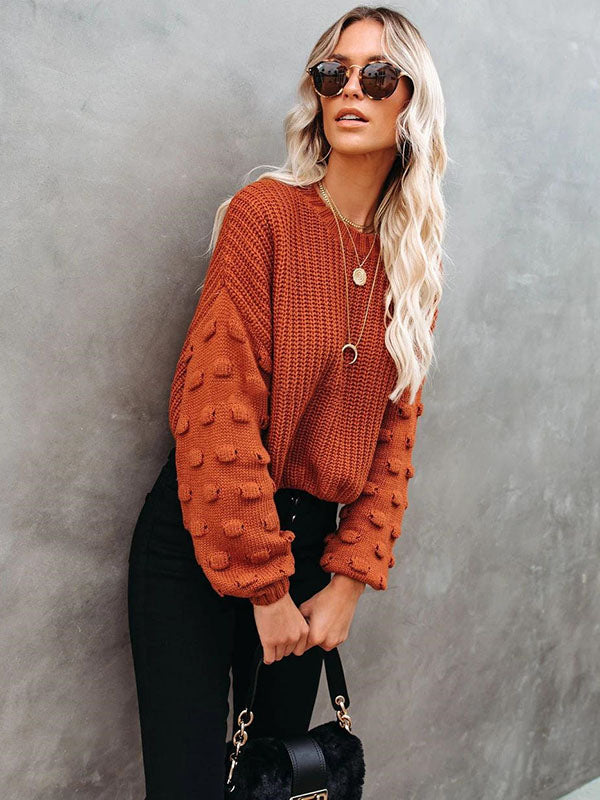 flowersverse Trendy Tops Puff Sleeves Loose Solid Color Round-Neck Sweater Tops