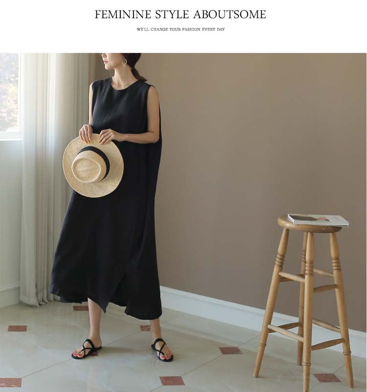 flowersverse Loose Cotton Vest Dress New Round Neck Sleeveless Long Dress Linen